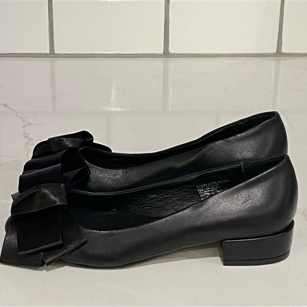 Charleston Shoe Co. Charlotte Black Satin Bow Leather Flats Size 6 New - Picture 8 of 14